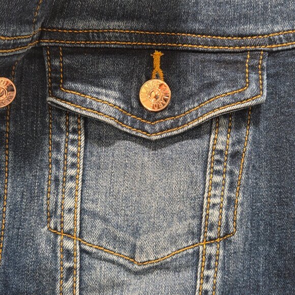 Denim Jacket Women's Size Large Cropped Stretch Long Sleeved Slit Pockets - Picture 5 of 16